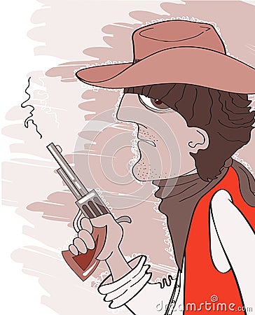 Western bandit in cowboy hat with gun.Vector portr Vector Illustration