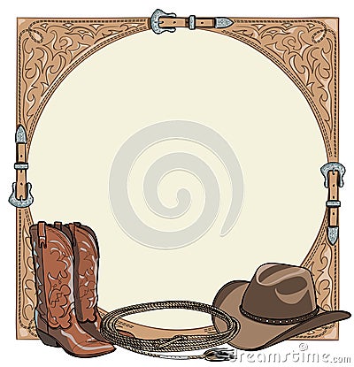 Cowboy horse equine riding tack tool in the western leather belt frame. Vector Illustration