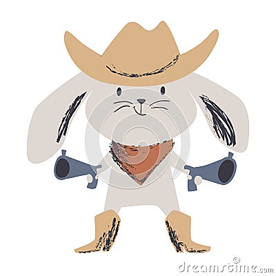 Western bunny baby cute print. Wild west rabbit with hat, boot, gun. Vector Illustration