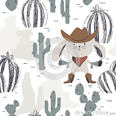 Western bunny baby seamless pattern. Wild west rabbit with hat, boot, gun. Vector Illustration