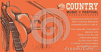 Western country music illustration with cowboy hat and music gui Vector Illustration