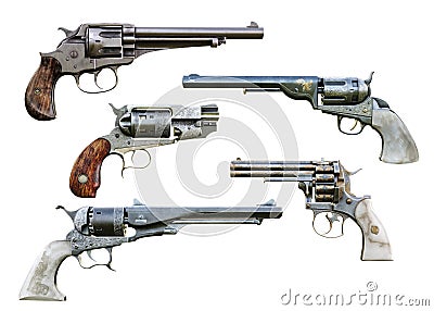 Western cowboy pistol booster pack 2 is a collection of assorted deadly and elegant hand gun firearms on a isolated white Stock Photo