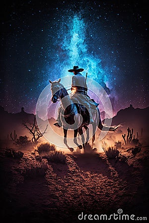 Western Cowboy riding his horse at night under the milky way galaxy Stock Photo