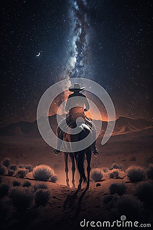 Western Cowboy riding his horse at night under the milky way galaxy Stock Photo