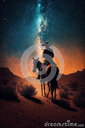 Western Cowboy riding his horse at night under the milky way galaxy Stock Photo