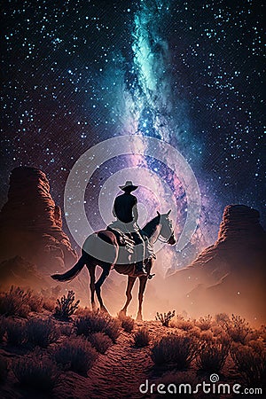 Western Cowboy riding his horse at night under the milky way galaxy Stock Photo