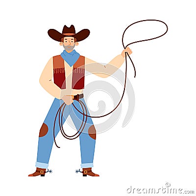 Western cowboy or texas ranger throwing lasso flat vector illustration isolated. Vector Illustration
