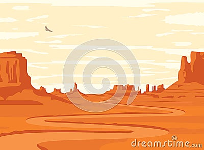 Western desert landscape with winding dirt road Vector Illustration