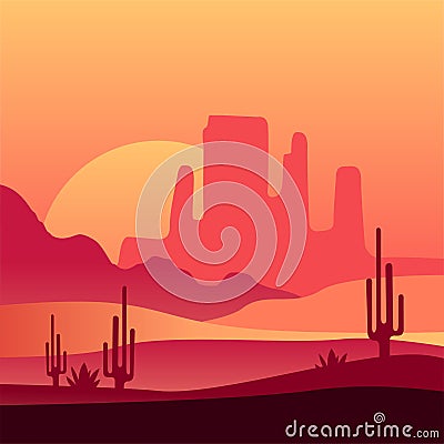 Western desert sunset background. Natural scenery with silhouettes of rocky mountains and cacti. Vector design for Vector Illustration