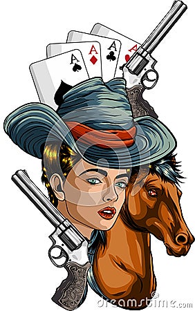 western girl with revolver and head horse Vector Illustration