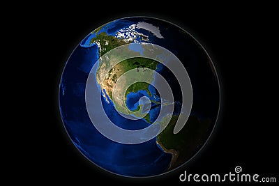 Western hemisphere of the globe. View of planet earth from space, America. Globe on an isolated black background. 3d illustration Cartoon Illustration