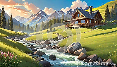 Western home life mountain high peaks summer meadow wallpaper Cartoon Illustration