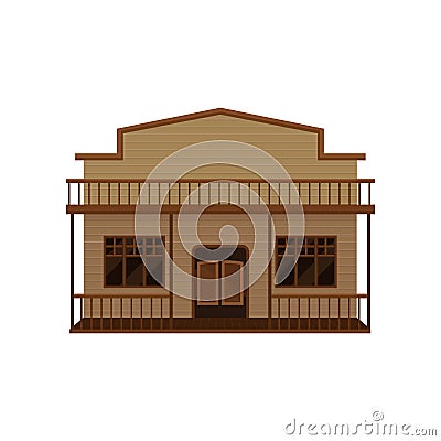 Western house with swinging doors, porch and balcony. Old wild west saloon. Historical building. Flat vector icon Vector Illustration