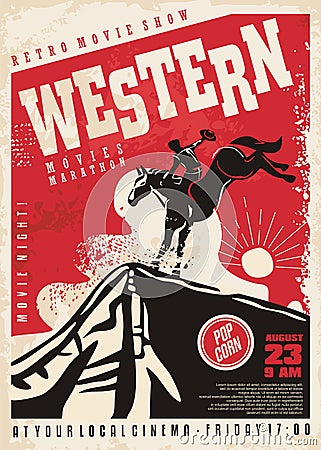 Western movies poster template with cowboy riding the horse Vector Illustration