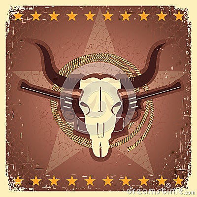 WEstern postcard with bull skull and guns Vector Illustration