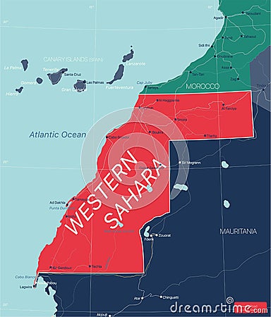 Western Sahara detailed editable map Vector Illustration