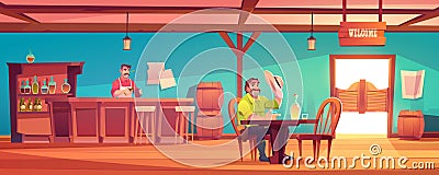 Western saloon with cowboy and barman Vector Illustration