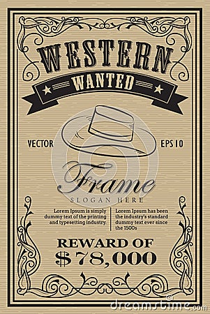 Western vintage frame label wanted retro hand drawn vector Vector Illustration