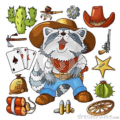 Western wild west art stickers set. Gun, bullets, cactuses and many other items Vector Illustration