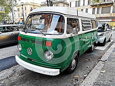 Westfalia T2 volkswagen vintage camper motorhome. Green and white colors, in wonderful conditions Editorial Stock Photo