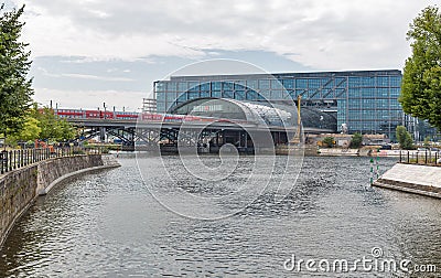Westhafen canal and Central Railway Station Hauptbahnhof in Berlin, Germany. Editorial Stock Photo