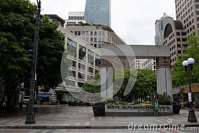 Grafitti on structures at Westlake Park in downtown Seattle Editorial Stock Photo