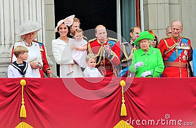 Prince Philip, Queen Elizabeth, Prince William Harry Charles Kate and children Trooping the Colour ceremony, Editorial Stock Photo