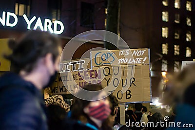 WESTMINSTER, LONDON, ENGLAND- 16 March 2021: Protesters outside Scotland Yard at the KILL THE BILL protest Editorial Stock Photo