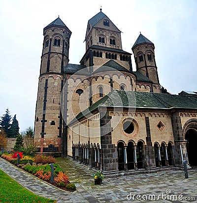 Westwork of Romanesque Abbey Maria Laach Stock Photo