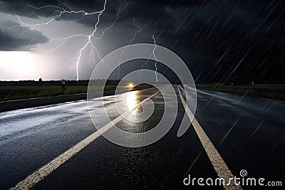 wet asphalt during a rainstorm, with lightning and thunder in the background Stock Photo