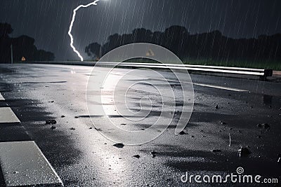 wet asphalt during a rainstorm, with lightning and thunder in the background Stock Photo