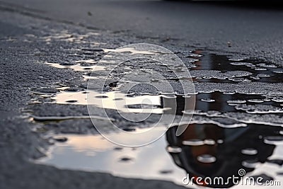 wet asphalt after rainstorm, with puddles and reflections of the sky Stock Photo