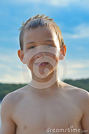 Wet Boy Blue Sky Stock Photo