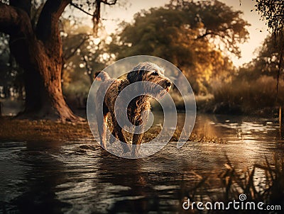 A wet dog shakes water off his body, Generative AI Stock Photo