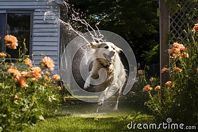 wet dog shaking near a garden hose, water spraying around Stock Photo