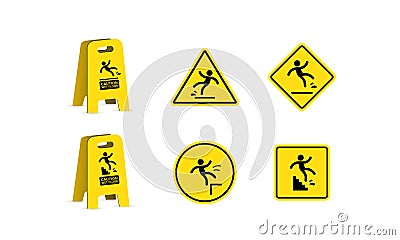 Wet floor and cleaning in progress. Slippery floor sign, vector illustration. Slip danger icon set Vector Illustration
