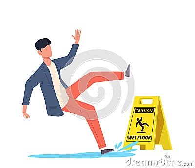 Wet floor. Falling man slips in water, slipping and downfall, injured character, caution danger wet floor yellow sign Vector Illustration