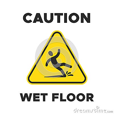 Wet floor yellow sign with falling person pictogram. Man slipping vector caution icon Vector Illustration