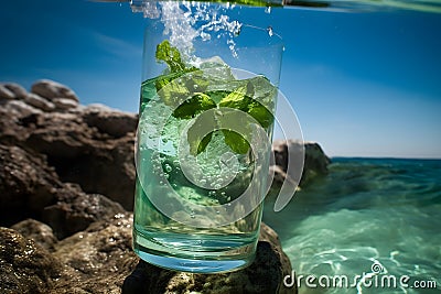 Wet glass fresh cool cold mohito cocktail table beach summer time. Abstract surreal magic cocktail space other planet mars Stock Photo
