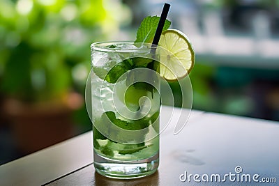 Wet glass fresh cool cold mohito cocktail table beach summer time. Abstract surreal magic cocktail space other planet mars Stock Photo