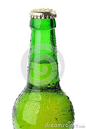 Wet green bottle of beer closeup Stock Photo