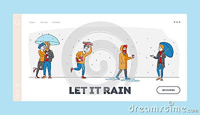 Wet Rainy Autumn or Spring Day Landing Page Template. Drenched Passerby Characters Wear Cloaks with Umbrellas Walking Vector Illustration