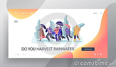 Wet Rainy Autumn or Spring Weather Website Landing Page, Happy Drenched Passerby People Wearing Boots and Cloaks Vector Illustration