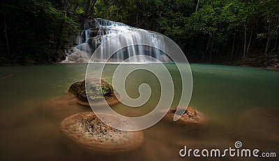 Wet stones in river stream in wild rainforest with waterfall Stock Photo