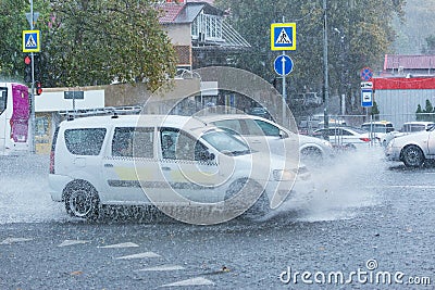 Wet street under the pouring rain. Sochi Editorial Stock Photo