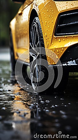 Wet traction Close up of car tires gripping rain soaked pavement Stock Photo