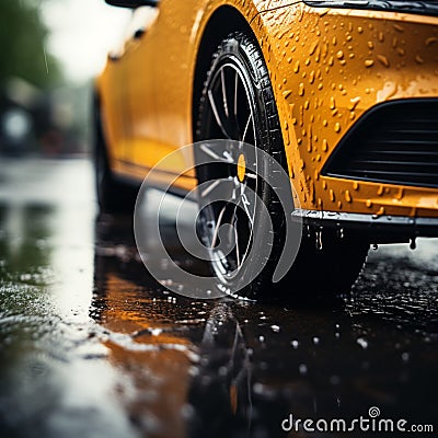 Wet traction Close up of car tires gripping rain soaked pavement Stock Photo