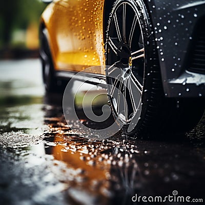 Wet traction Close up of car tires gripping rain soaked pavement Stock Photo