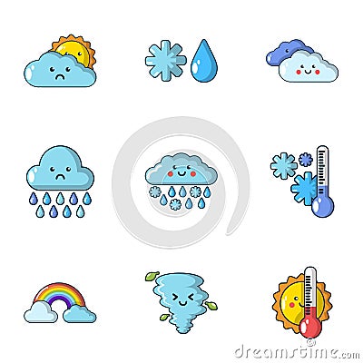 Wet weather icons set, cartoon style Vector Illustration