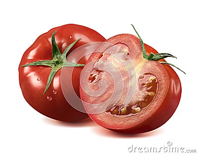 Wet whole tomato and half on white background Stock Photo